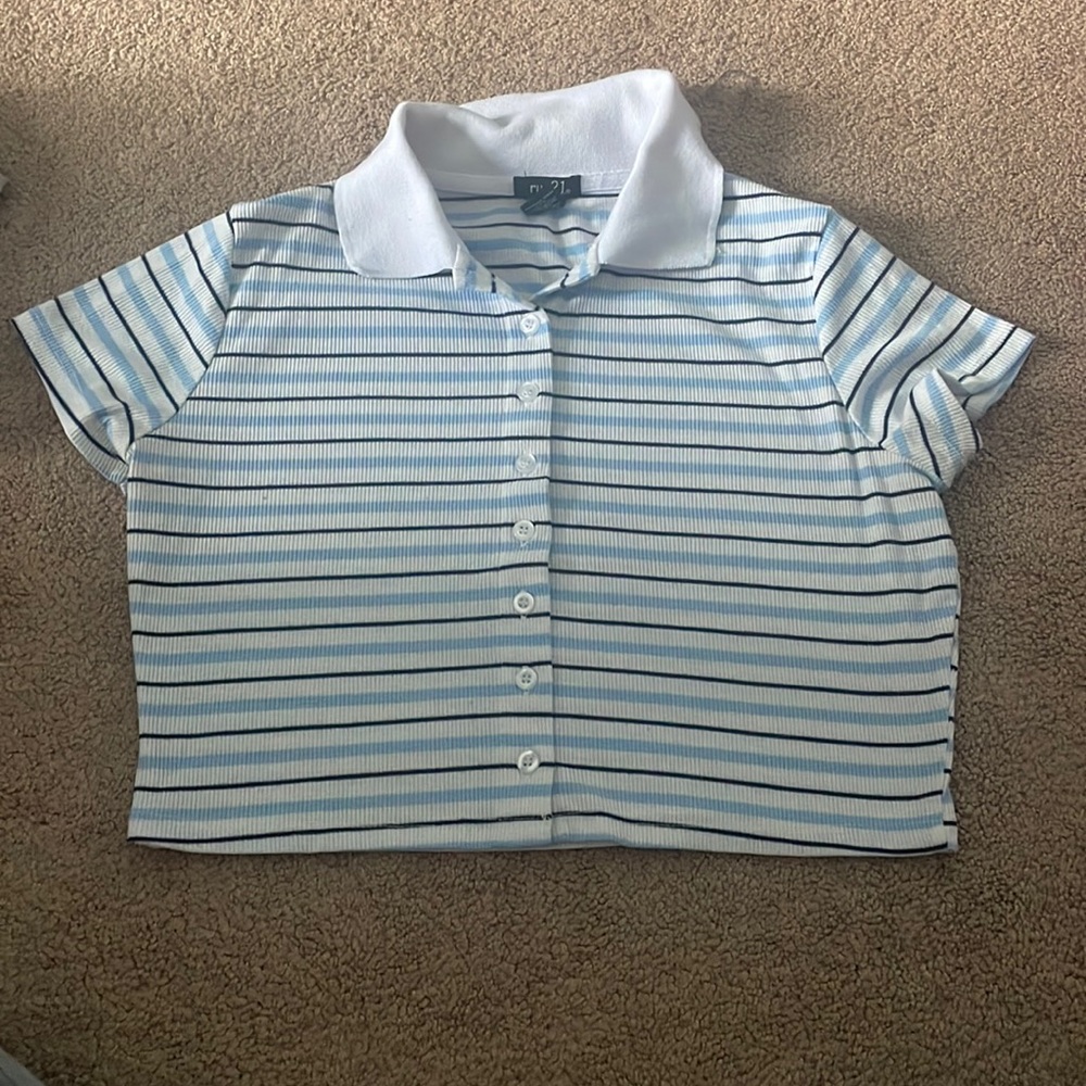 Blue and White collared button crop top.